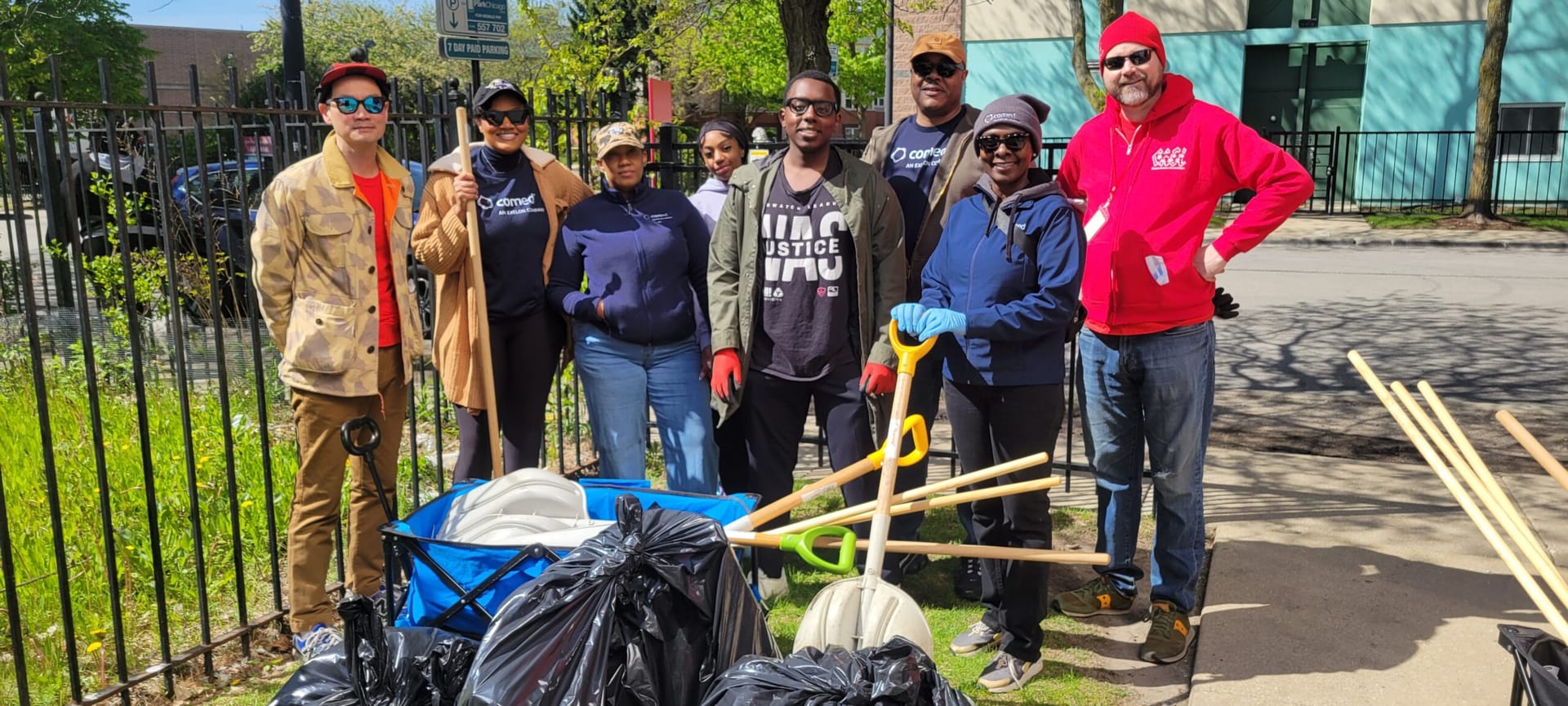 Volunteer group cleaning up trash with CASL in Chinatown.